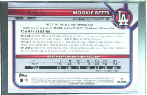 2022 Bowman Mookie Betts Purple Pattern /199 #25 Dodgers - Image 3