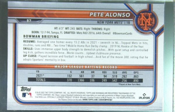 2022 Bowman Pete Alonso Green Pattern /99 #87 Mets - Image 3