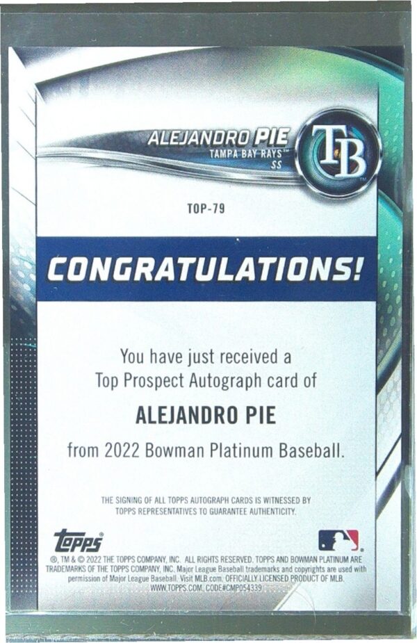 2022 Bowman Platinum Alejandro Pie Auto #TOP-79 Rays Top Prospect Autograph - Image 3