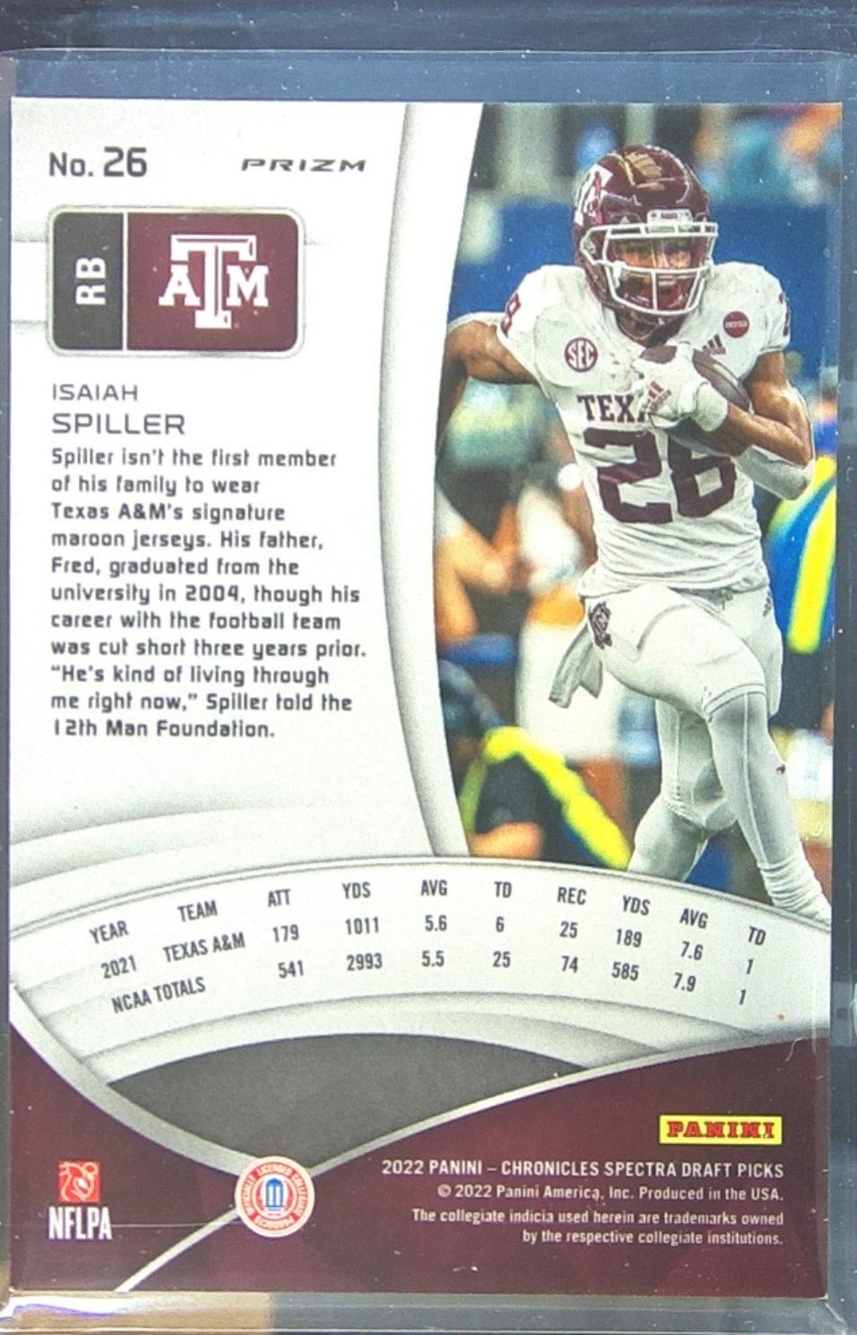 2022 Chronicles Draft Isaiah Spiller #26 Aggies Spectra - Image 3