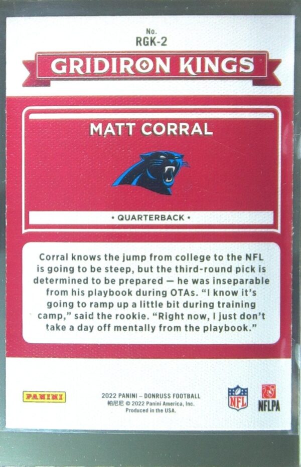 2022 Donruss Matt Corral RC #RGK-2 Panthers Rookie Gridiron Kings - Image 3