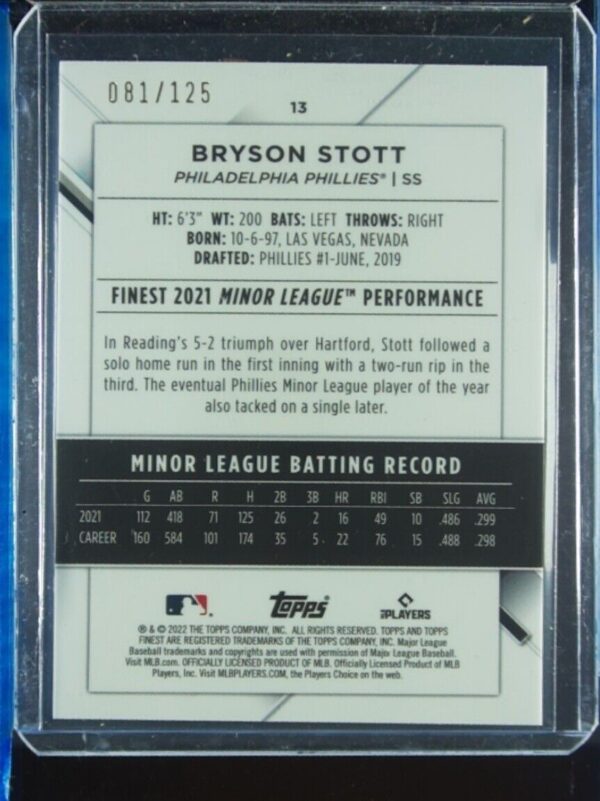 2022 Finest Bryson Stott Green Speckle Refractor SN125 #13 Phillies - Image 3