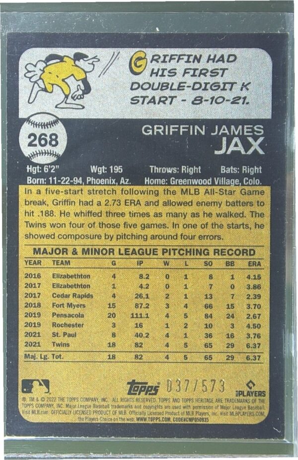 2022 Heritage Griffin Jax Chrome Red Refractor /573 RC #268 Twins - Image 3