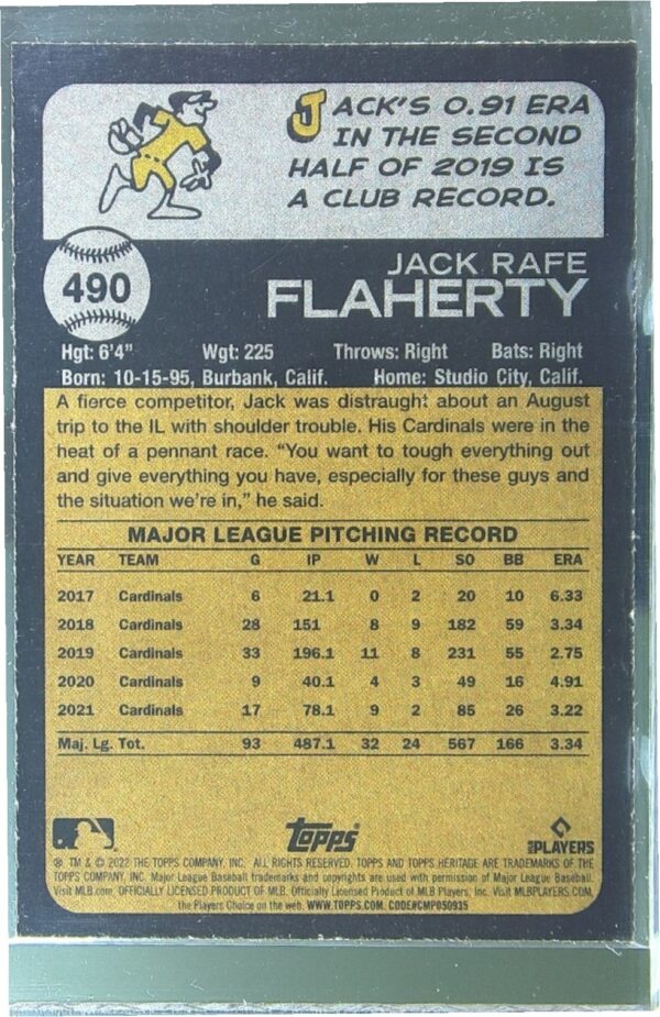 2022 Heritage Jack Flaherty Chrome Blue Sparkle #490 Cardinals - Image 3
