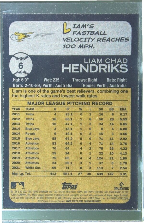 2022 Heritage Liam Hendriks Chrome Blue Sparkle #6 Sox - Image 3