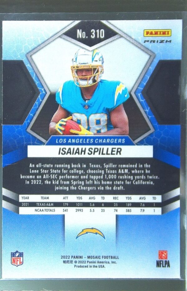 2022 Mosaic Isaiah Spiller Mosaic RC #310 Chargers - Image 3