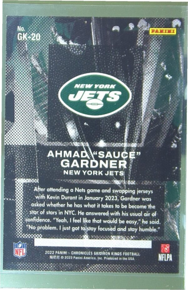 2022 Panini Chronicles Ahmad "Sauce" Gardner RC #GK-20 Jets Gridiron Kings Pink - Image 3