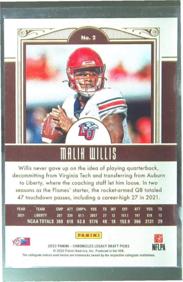 2022 Panini Chronicles Draft Picks Malik Willis RC #2 Flames Legacy Rookies - Image 3
