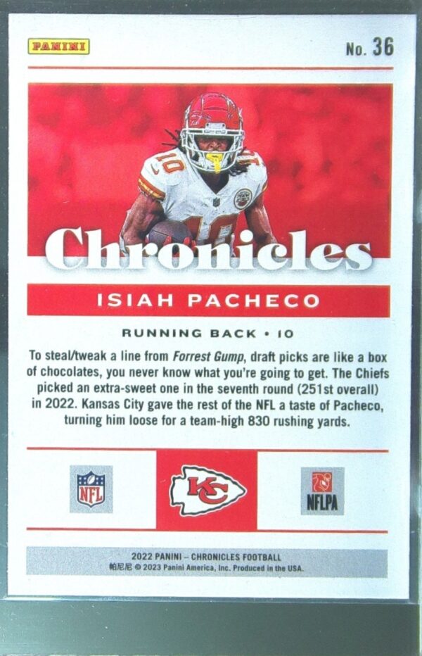 2022 Panini Chronicles Isiah Pacheco RC #36 Chiefs - Image 3