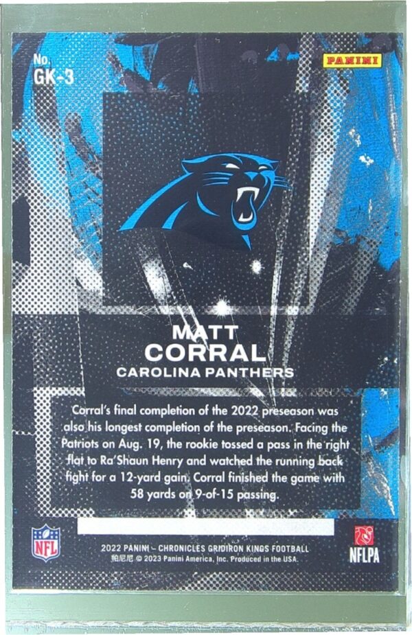 2022 Panini Chronicles Matt Corral RC #GK-3 Panthers Gridiron Kings - Image 3