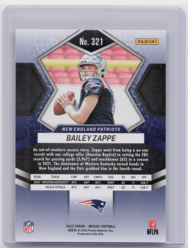2022 Panini Mosaic Bailey Zappe #321 Patriots - Image 3