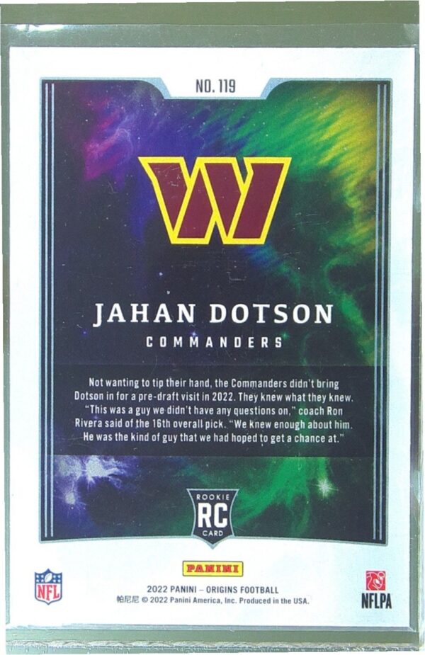 2022 Panini Origins Jahan Dotson RC #119 Commanders - Image 3