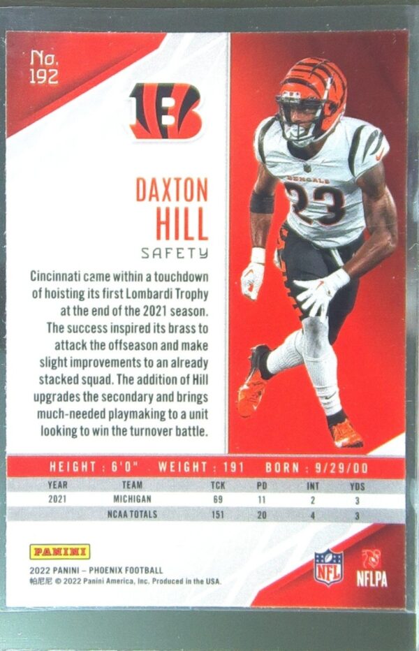2022 Panini Phoenix Daxton Hill Silver RC #192 Bengals - Image 3