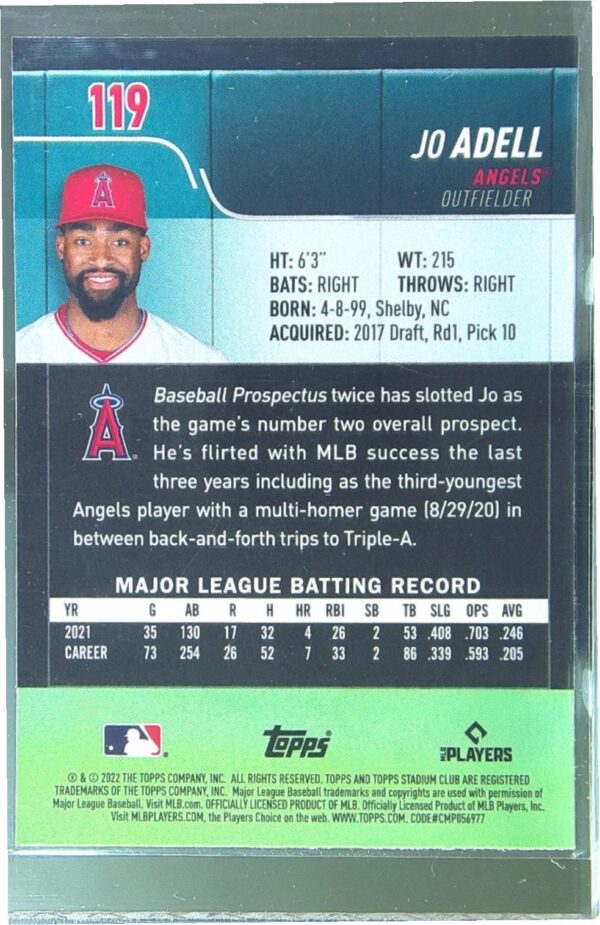 2022 Stadium Club Chrome Jo Adell X Fractor #119 Angels - Image 3