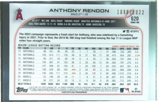 2022 Topps Anthony Rendon Gold /2022 #620 Angels - Image 3