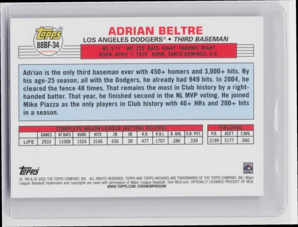 2022 Topps Archives Adrian Beltre #88BF-34 Dodgers 1988 Topps Big Foil - Image 3