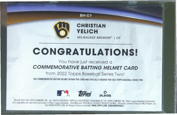 2022 Topps Christian Yelich #BH-CY Brewers Batting Helmet Commemorative Relic - Image 3