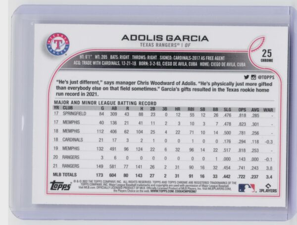 2022 Topps Chrome Adolis Garcia Refractor #25 Rangers - Image 3
