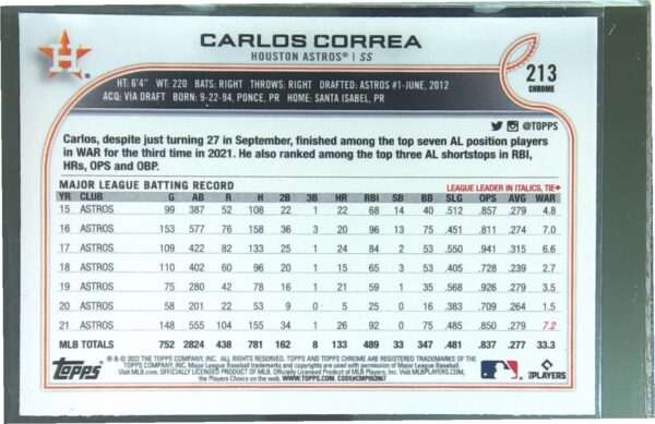 2022 Topps Chrome Carlos Correa Pink Refractor #213 Astros - Image 3