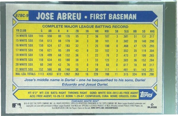 2022 Topps Chrome Jose Abreu #87BC-9 Sox 1987 Topps Baseball 35th Anniversary - Image 3