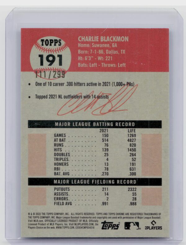 2022 Topps Chrome Platinum Anniversary Charlie Blackmon Aqua Lava Refractor SN29 - Image 3