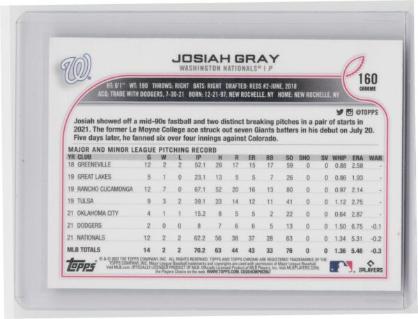 2022 Topps Chrome Sonic Josiah Gray RC #160 Nationals - Image 3