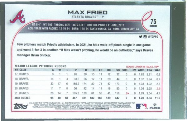 2022 Topps Chrome Sonic Max Fried Black & White RayWave #75 Braves - Image 3
