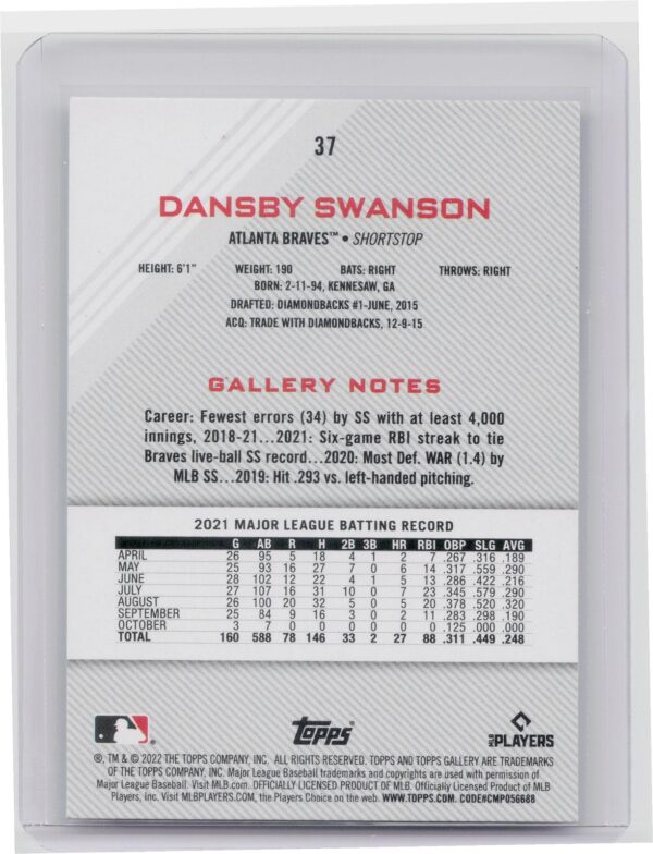 2022 Topps Gallery Dansby Swanson #37 Braves - Image 3