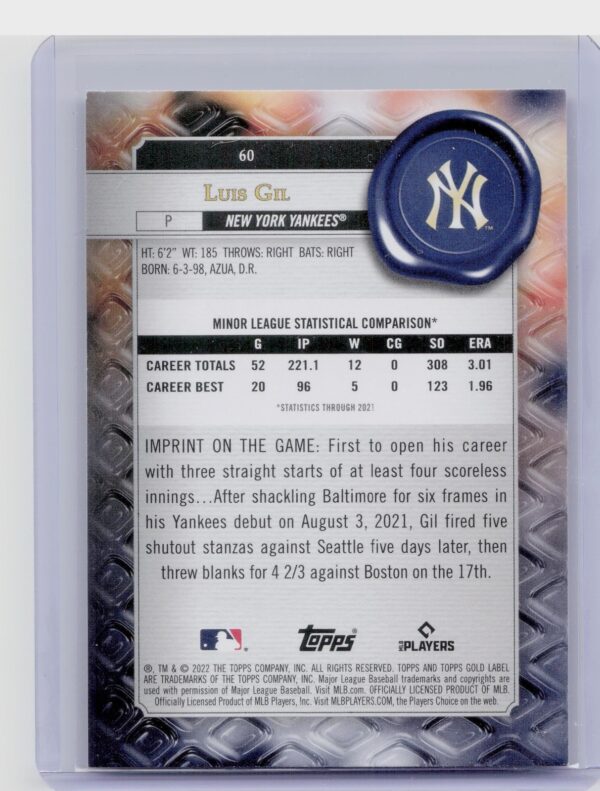 2022 Topps Gold Label Luis Gil #60 Yankees - Image 3