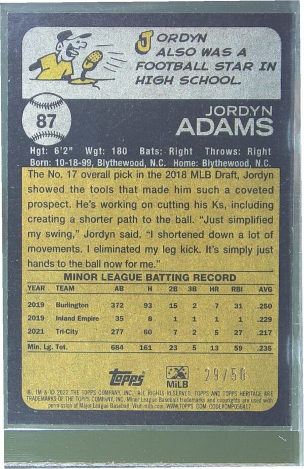 2022 Topps Heritage Minor League Jordyn Adams Black Border /50 #87 Devils - Image 3