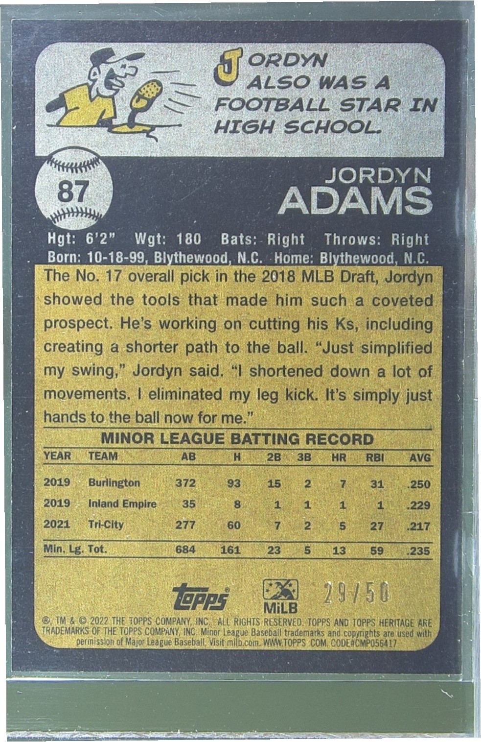 2022 Topps Heritage Minor League Jordyn Adams Black Border /50 #87 Devils - Image 3