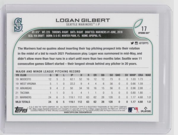2022 Topps Logan Gilbert Royal Blue #156 Mariners - Image 3