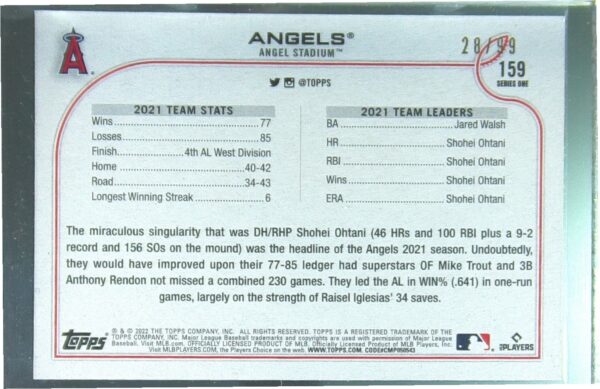 2022 Topps Los Angeles Angels Vintage Stock /99 #159 Angels - Image 3