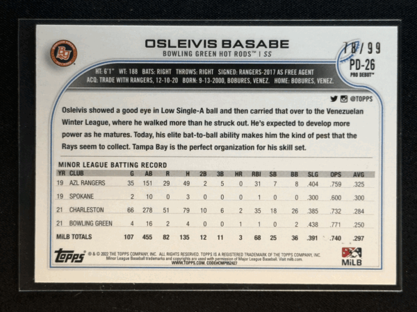 2022 Topps Pro Debut Osleivis Basabe Green /99 Bowling Green Hot Rods PD-26 - Image 3