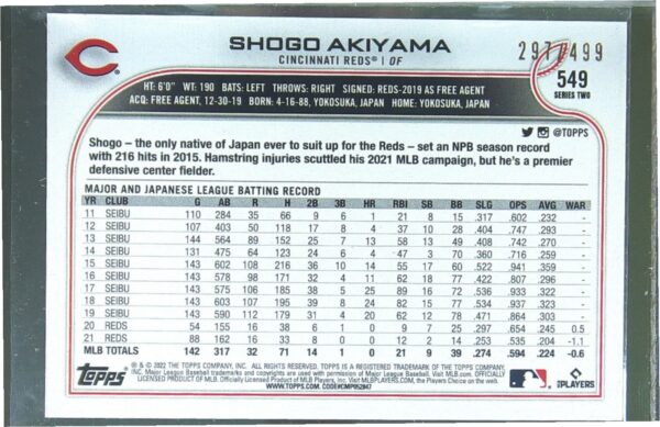 2022 Topps Shogo Akiyama Green Foilboard /499 #549 Reds - Image 3