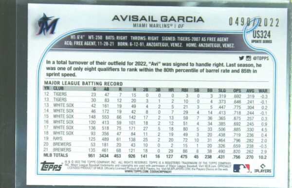 2022 Topps Update Avisail Garcia Gold /2022 #US324 Marlins - Image 3