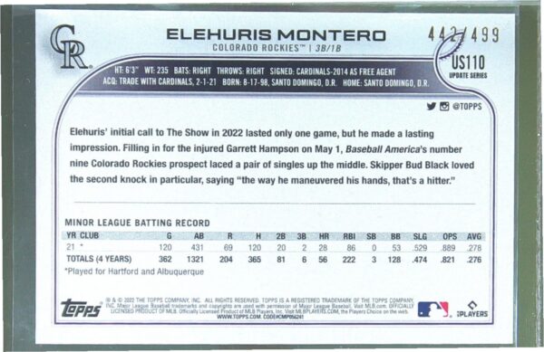 2022 Topps Update Elehuris Montero Green Foil /499 RC #US110 Rockies - Image 3