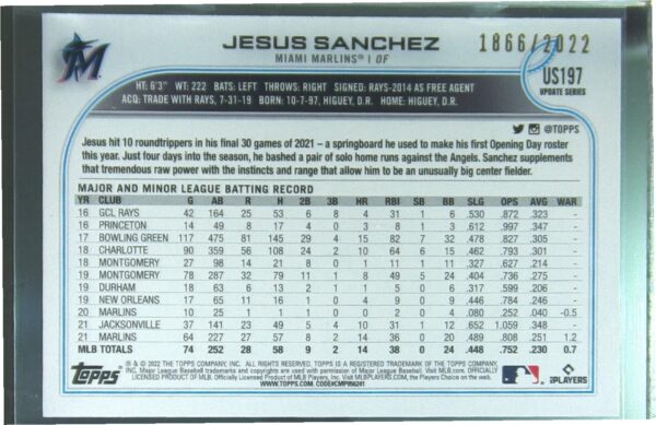 2022 Topps Update Jesus Sanchez Gold /2022 #US197 Marlins - Image 3