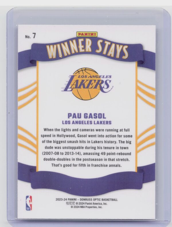2023-24 Donruss Optic Pau Gasol 7 Lakers Winner Stays Purple - Image 3