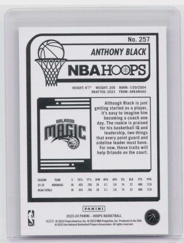 2023-24 Hoops Anthony Black Rookie RC #257 Magic - Image 3