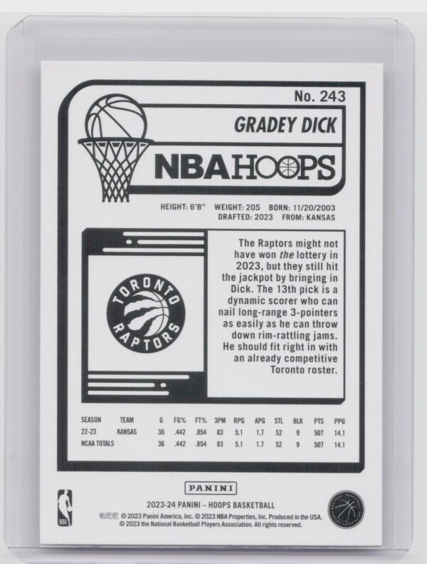 2023-24 Hoops Gradey Dick Rookie RC #243 Raptors - Image 3