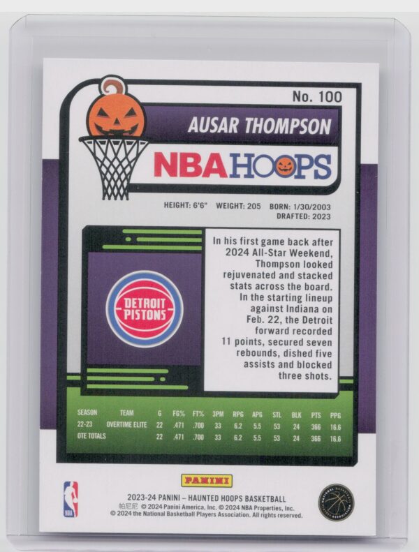 2023-24 Hoops Haunted Hoops Ausar Thompson RC 100 Pistons - Image 3