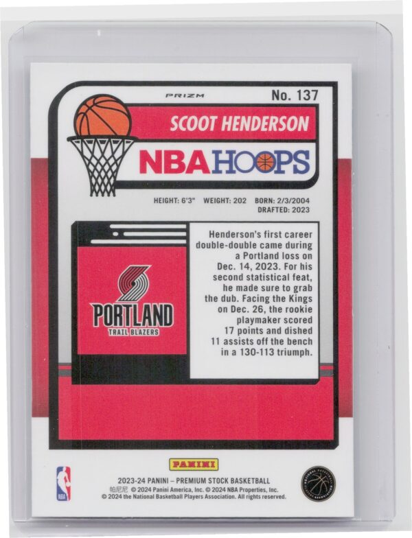 2023-24 Hoops Premium Stock Scoot Henderson Seismic Prizm 137 Blazers - Image 3
