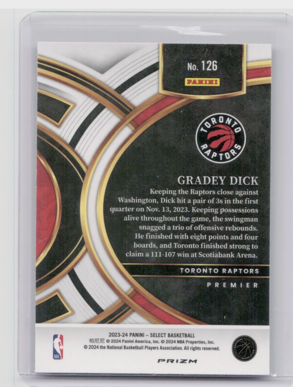 2023-24 Select Gradey Dick Blue Prizms #126 Raptors - Image 3