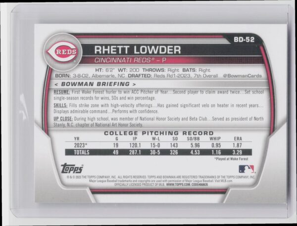 2023 Bowman Draft Rhett Lowder #BD-52 Reds - Image 3