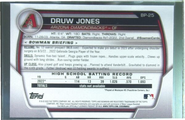 2023 Bowman Druw Jones #BP-25 Diamondbacks Prospects - Image 3