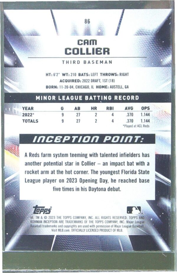 2023 Bowman Inception Cam Collier Blue Foil /99 #86 Reds - Image 3