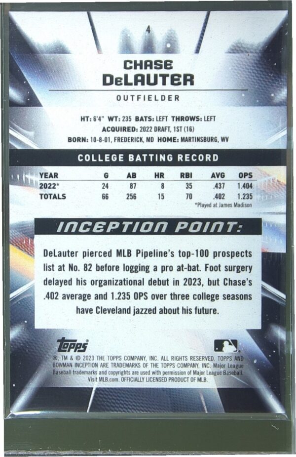 2023 Bowman Inception Chase DeLauter Blue Foil /99 #4 Guardians - Image 3
