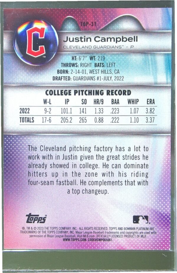 2023 Bowman Platinum Justin Campbell /250 #TOP-31 Top Prospects Aqua Ice Foil - Image 3