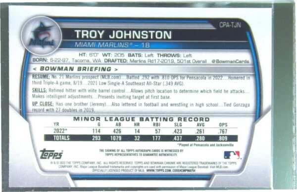 2023 Bowman Troy Johnston Auto #CPA-TJN Marlins Chrome Prospect Autographs - Image 3